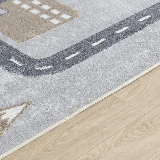 Tapis Rond Enfant Lavable en Machine Circuit Voitures Bleu/Gris Rond Osaka