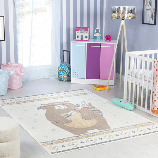 Tapis Enfant Lavable en Machine Ours Indien Beige/Brun Salzburg