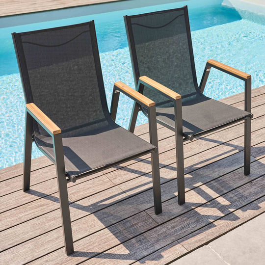 Lot de 4 ou 6 chaises de jardin en aluminium et bois d'acacia avec accoudoirs STELLA