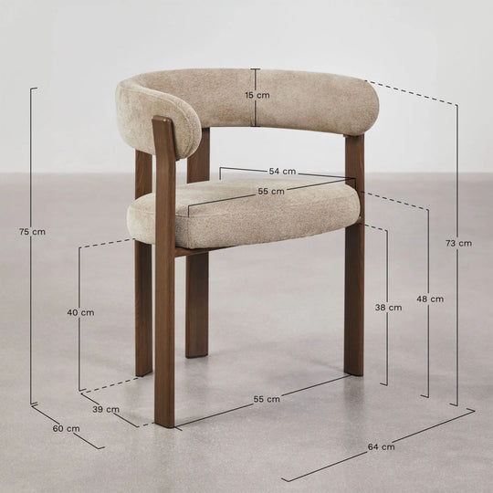Lot de 2 chaises de salle à manger SKLUM Jolie avec accoudoirs en tissu chenille beige crème et bois marron foncé