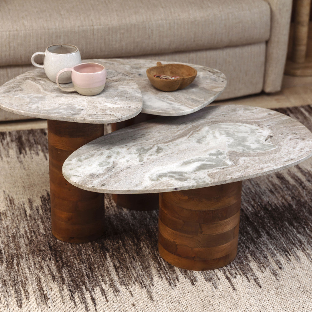 Lot de 3 tables basses DRAWER Suki organiques gigognes en marbre et bois