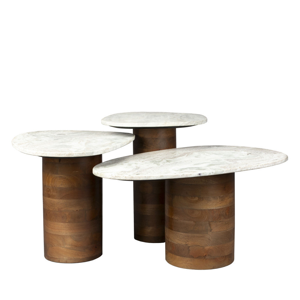 Lot de 3 tables basses DRAWER Suki organiques gigognes en marbre et bois