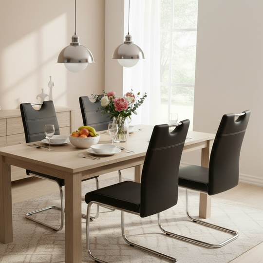 Lot de 4 chaises de salle à manger Raffie en métal et PU noir