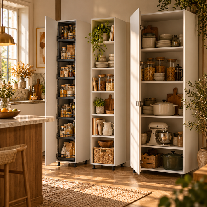 Ensemble de colonnes de cuisine DELINIA ID avec étagères et paniers en bois blanc