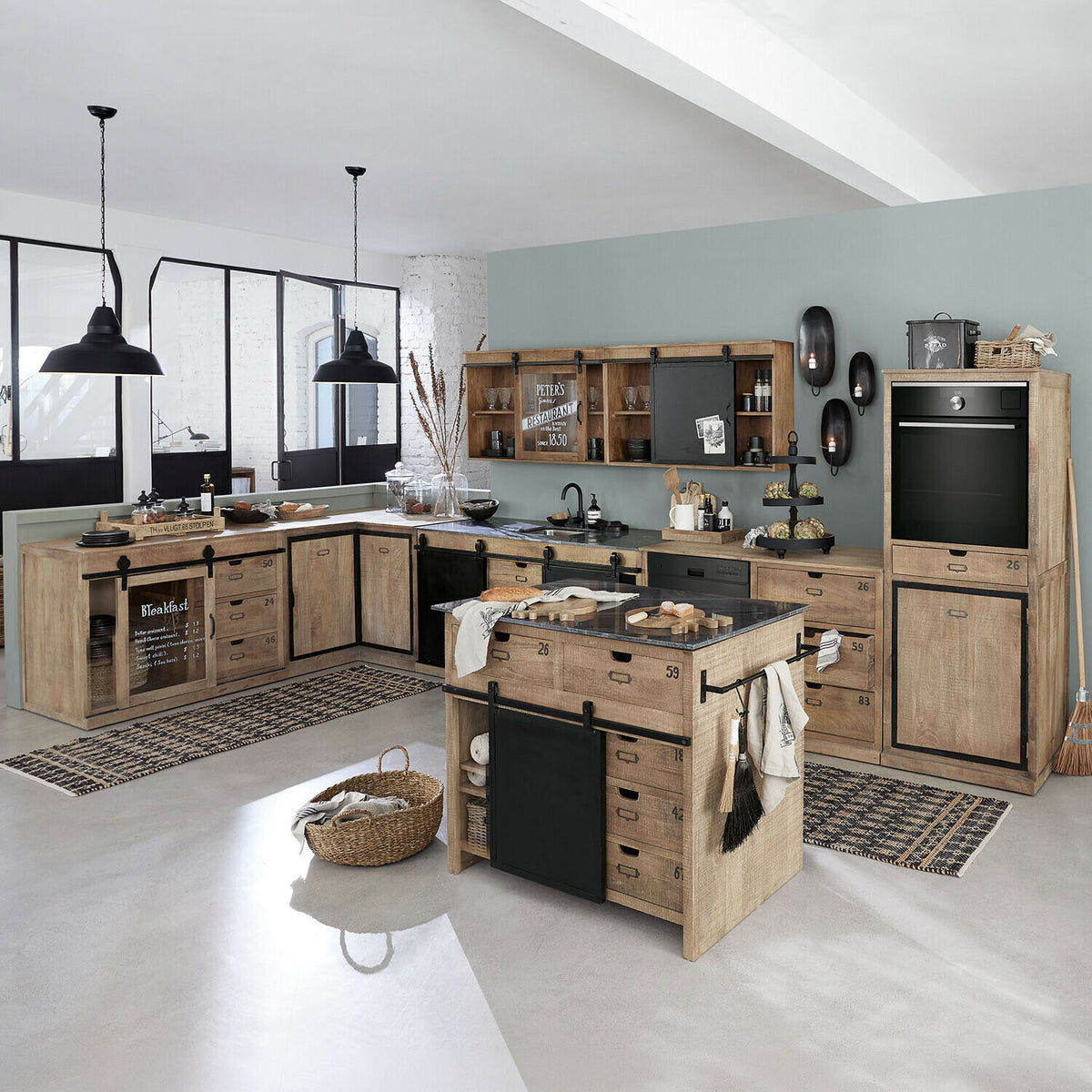 Lot 2 meubles hauts LOBERON Oakland en bois brute et métal noir — photo produit