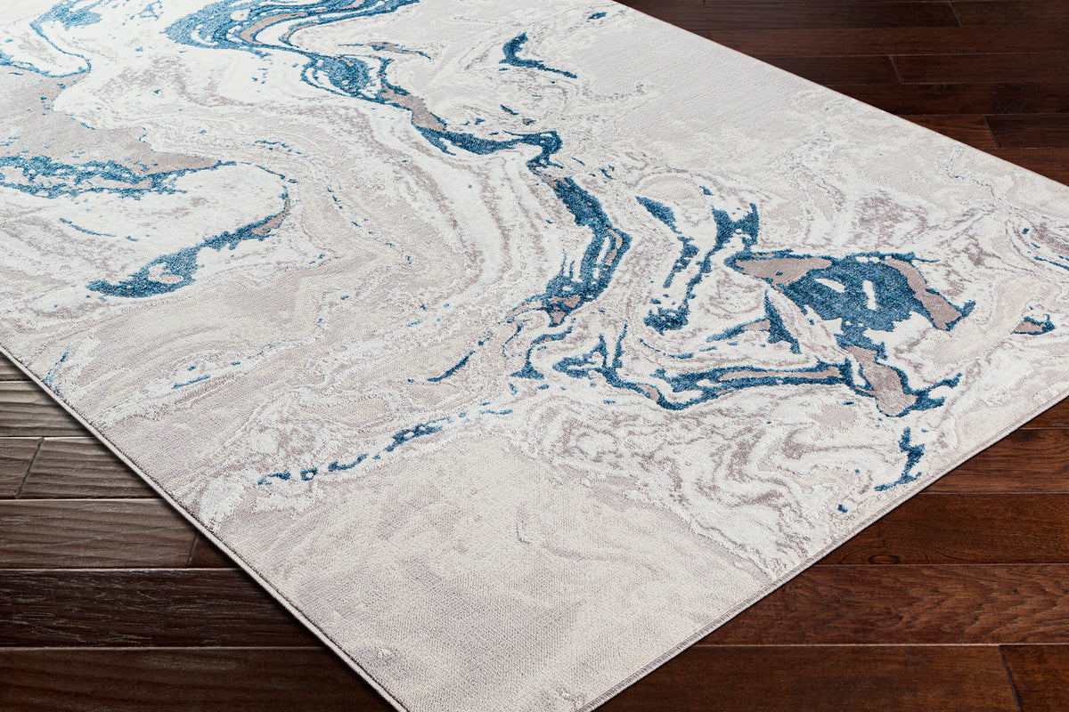 Tapis SURYA Arras moderne, motif abstrait effet marbre gris et ivoire veiné de bleu, vue 4