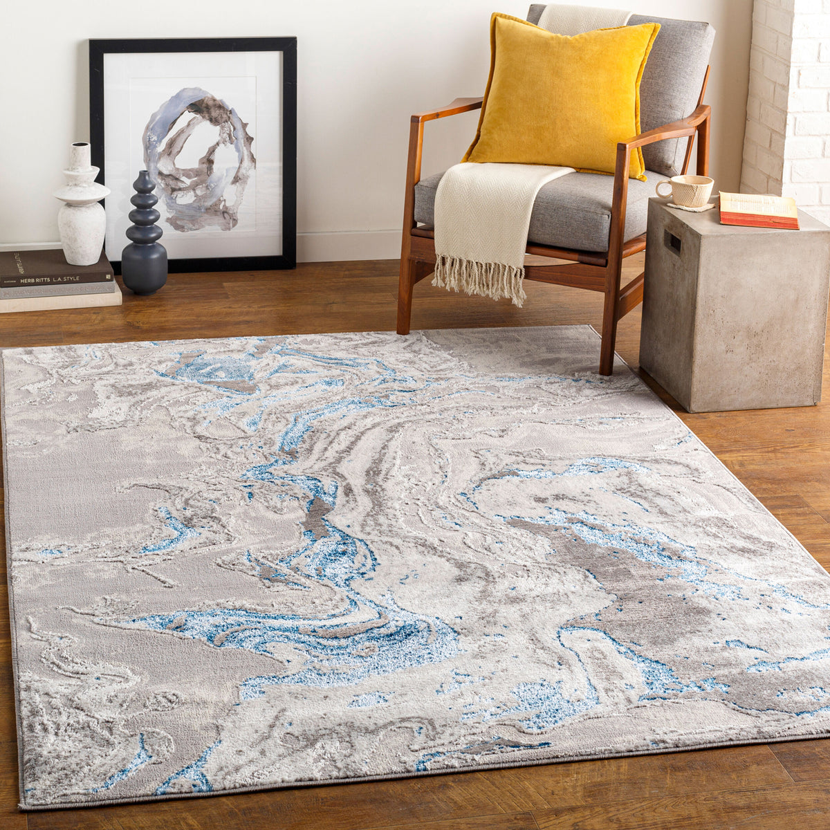 Tapis SURYA Arras moderne, motif abstrait effet marbre gris et ivoire veiné de bleu, vue 3