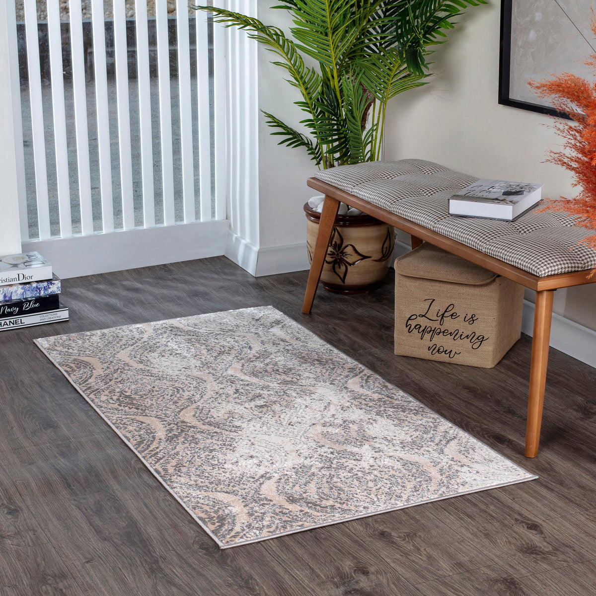 Tapis SURYA Ingrid oriental, motif volutes effet usé beige et gris, vue 10