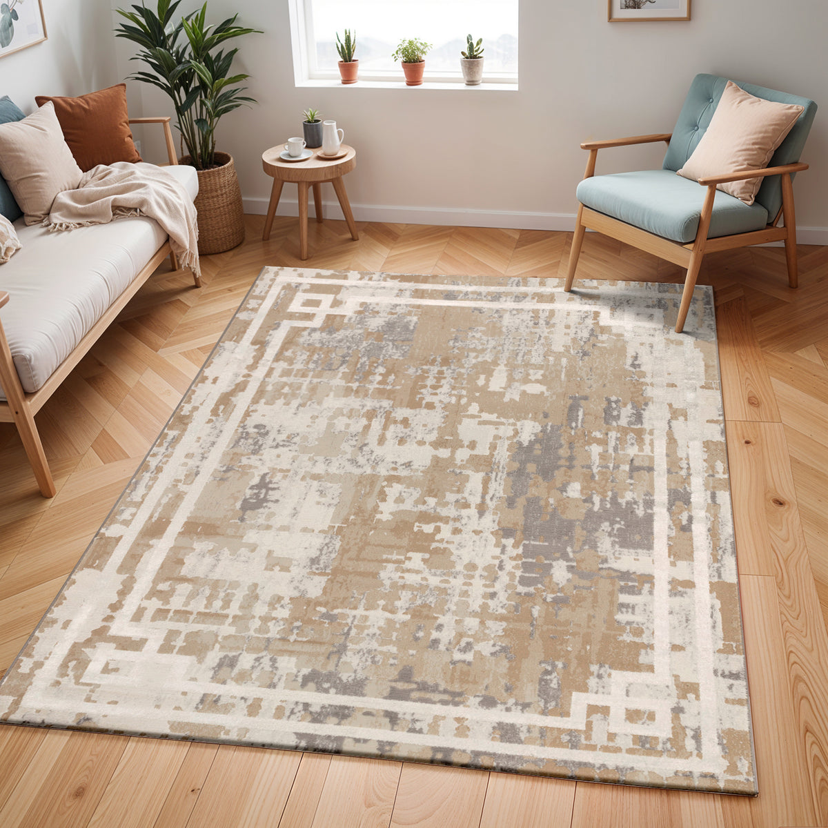 Tapis SURYA Goshen moderne, motif abstrait beige et camel avec bordure géométrique ivoire, vue 11