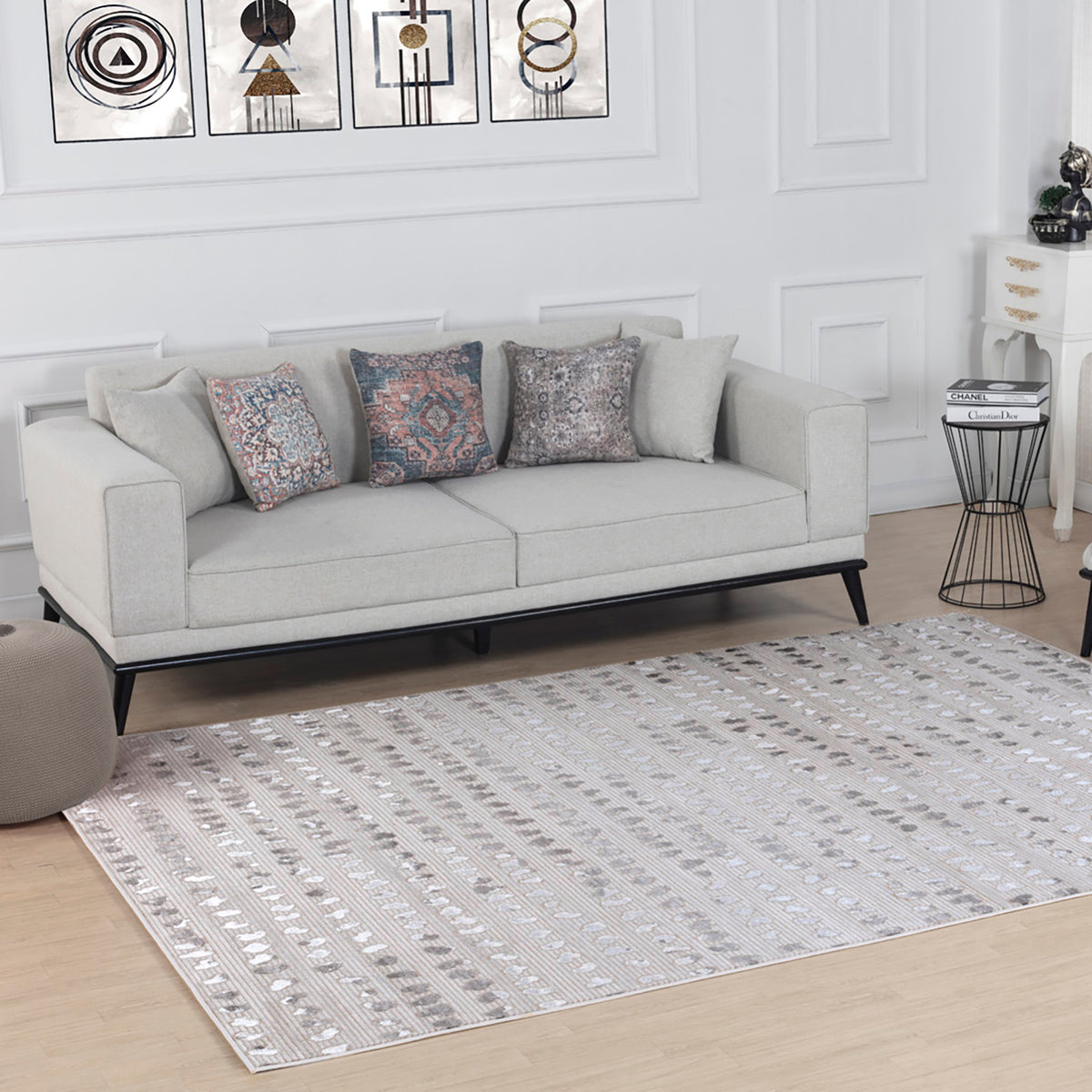 Tapis SURYA Rosemont scandinave, motif pois en relief gris et blanc, vue 13