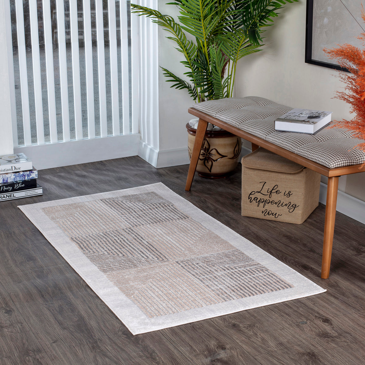Tapis SURYA Charlestown moderne, blocs géométriques gris et beige à fines lignes, bordure claire, vue 10