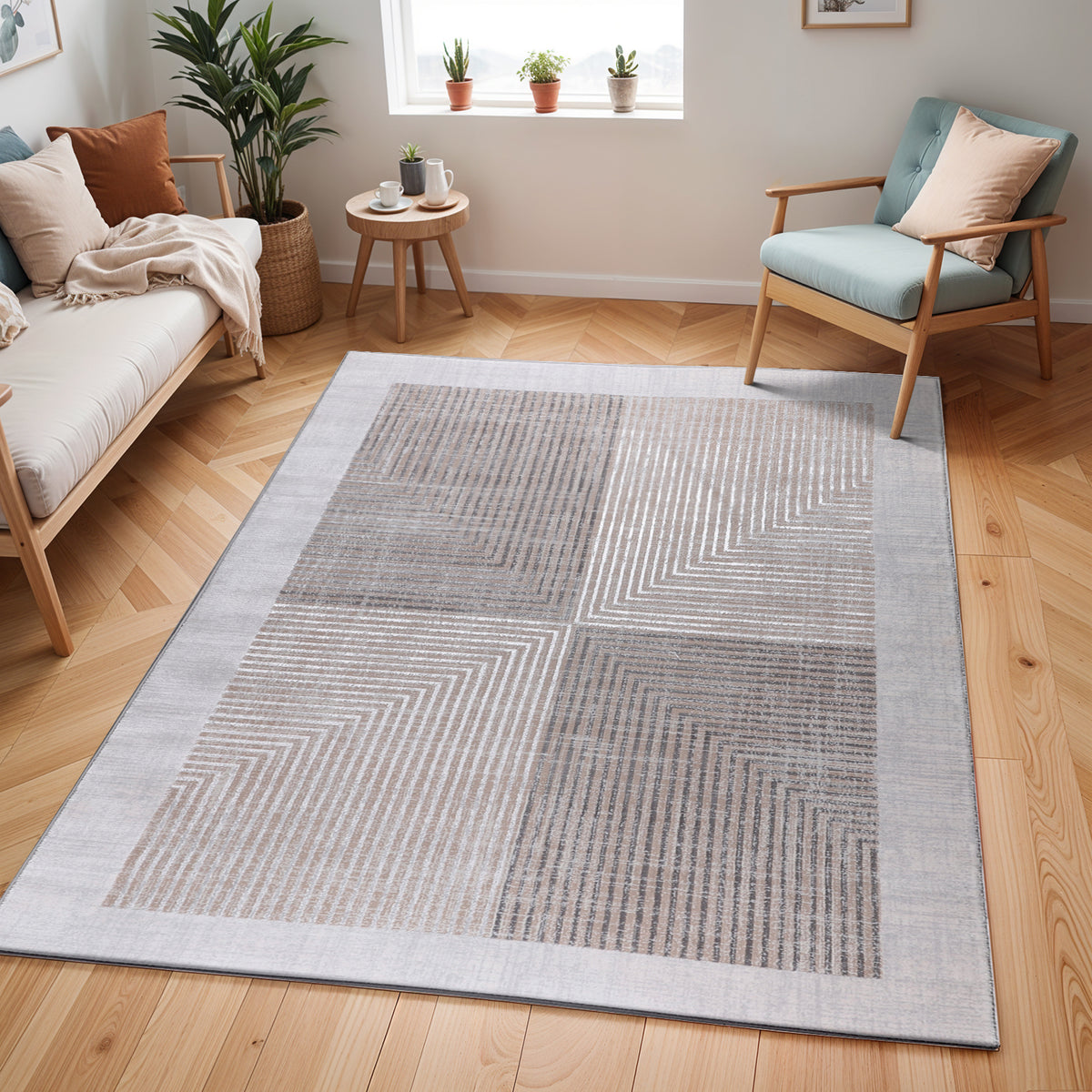 Tapis SURYA Charlestown moderne, blocs géométriques gris et beige à fines lignes, bordure claire, vue 12