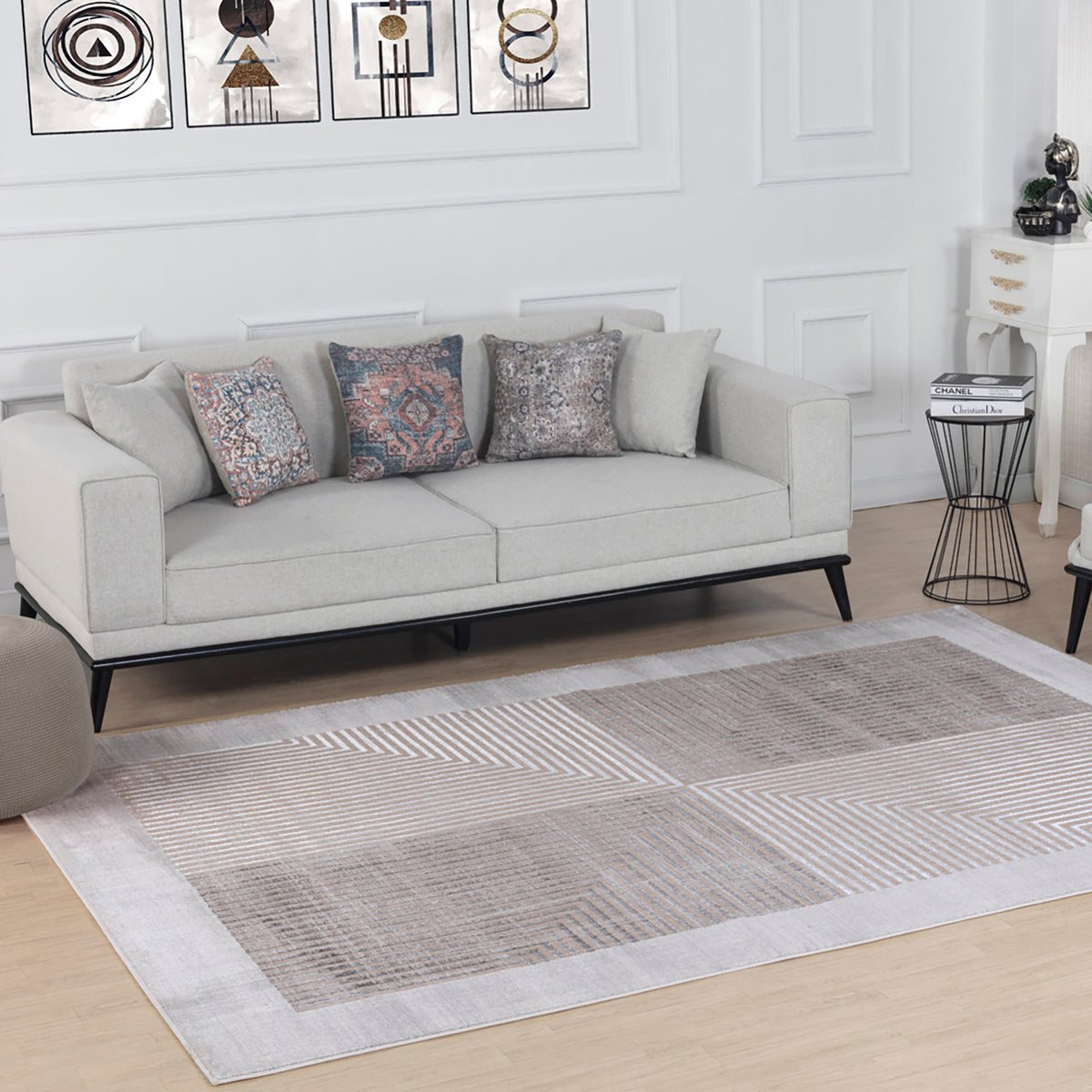 Tapis SURYA Charlestown moderne, blocs géométriques gris et beige à fines lignes, bordure claire, vue 16