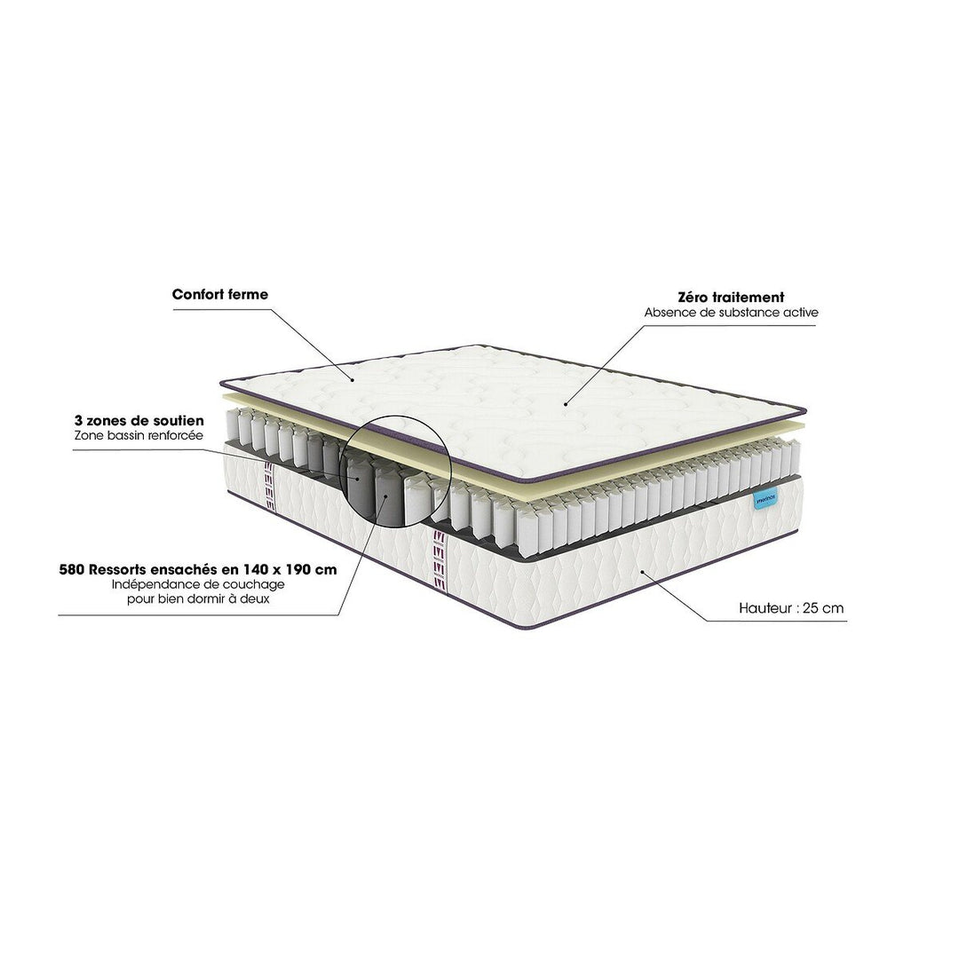 Matelas MERINOS 580 ressorts ensachés, soutien ferme, accueil moelleux, 160x200cm