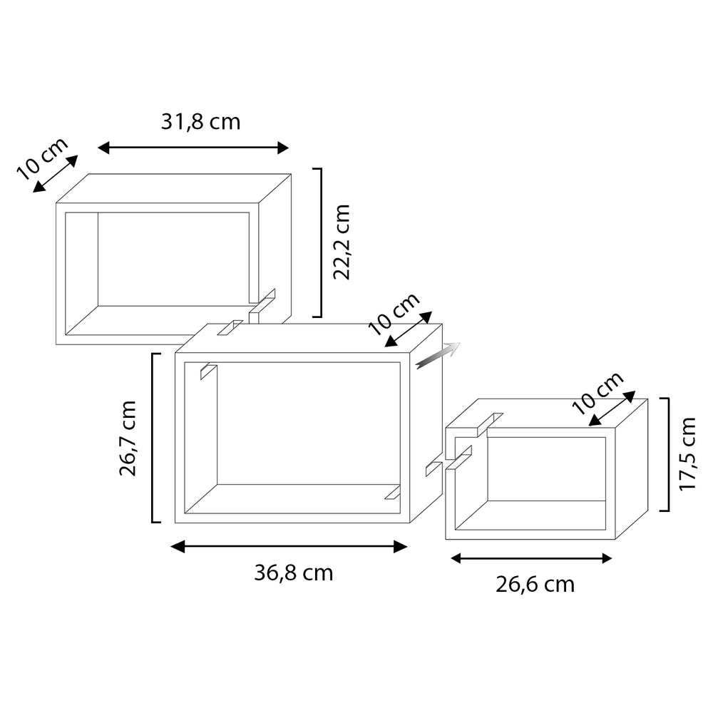 Set de 3 étagères murales carré en bois
