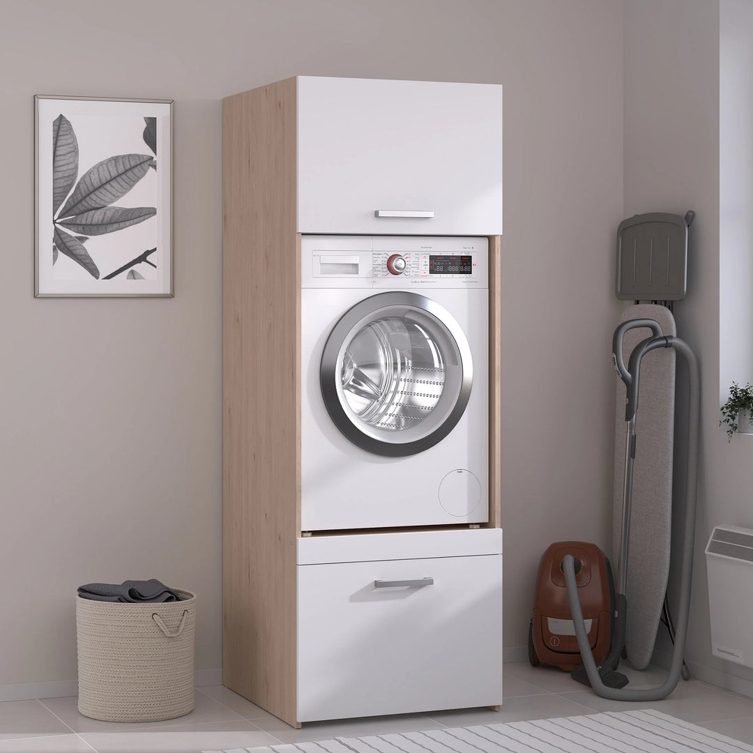 Meuble pour machine à laver VENTE UNIQUE Erkano avec 1 tablette, 1 tiroir et 1 placard Naturel clair et blanc