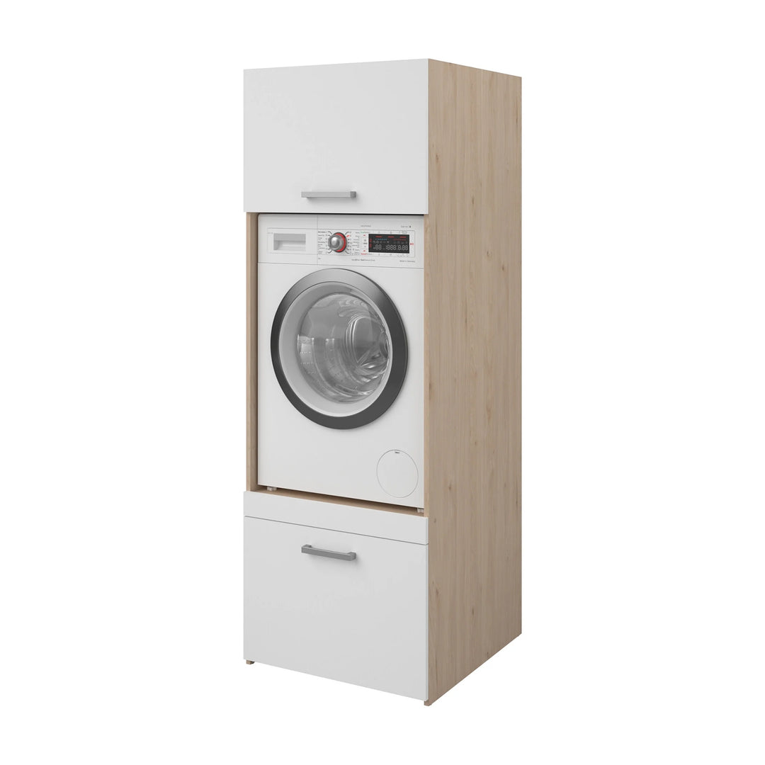Meuble pour machine à laver VENTE UNIQUE Erkano avec 1 tablette, 1 tiroir et 1 placard Naturel clair et blanc
