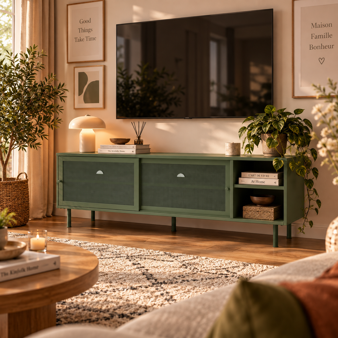 Meuble TV DRAWER Kiso 2 portes 2 niches en métal vert olive