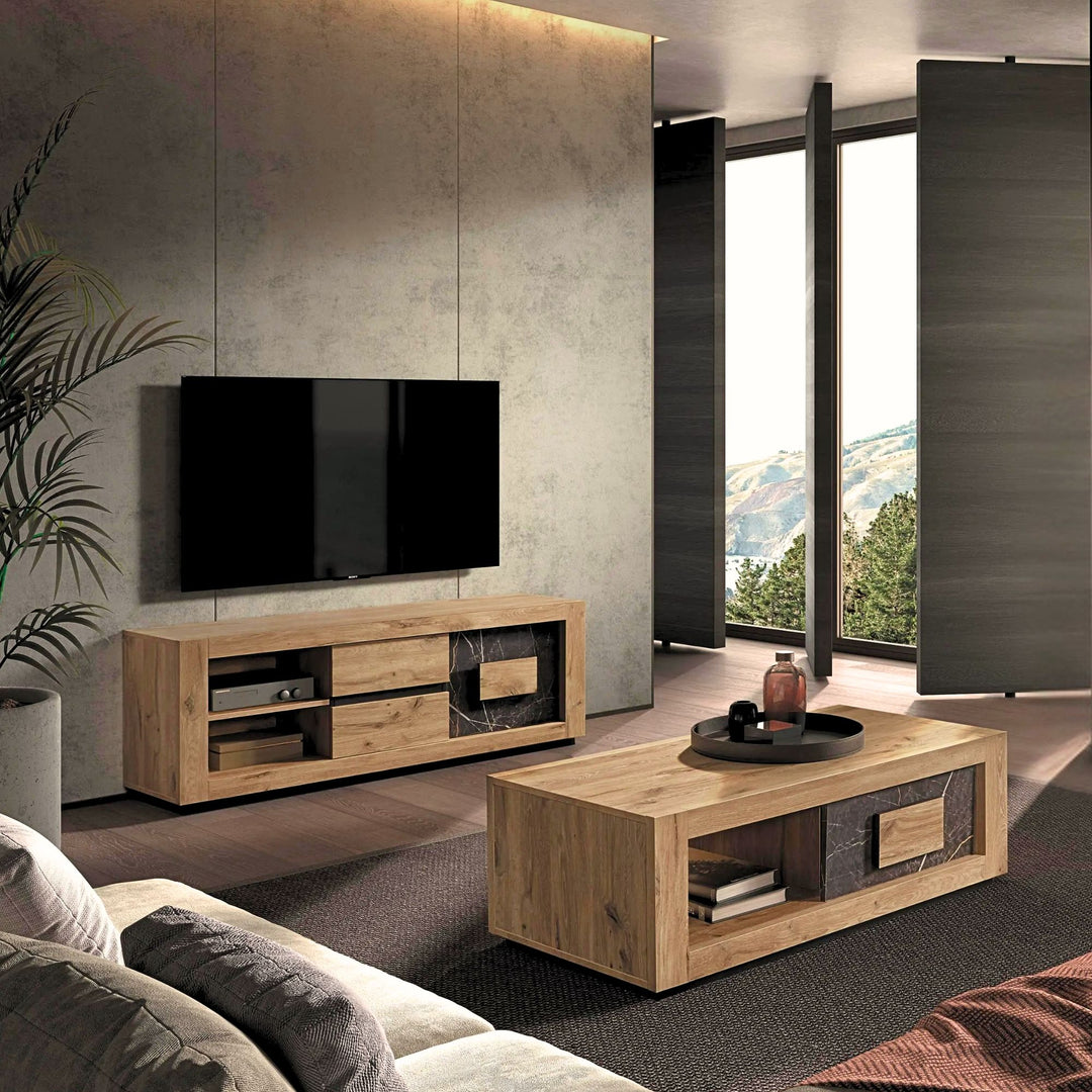 Meuble TV SACHOURI 2 portes chêne canyon/marbre 170 CM
