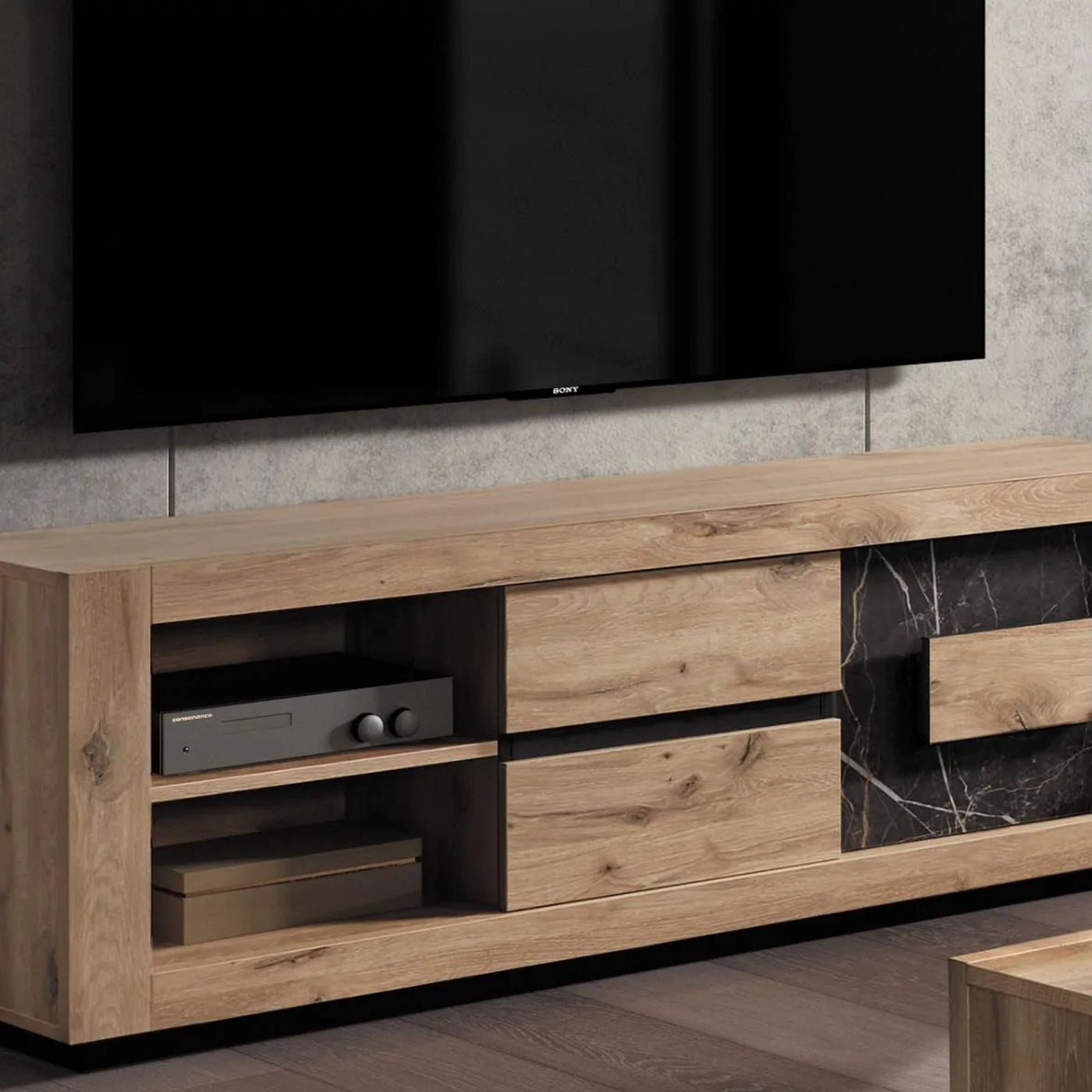 Meuble TV SACHOURI 2 portes chêne canyon/marbre 170 CM