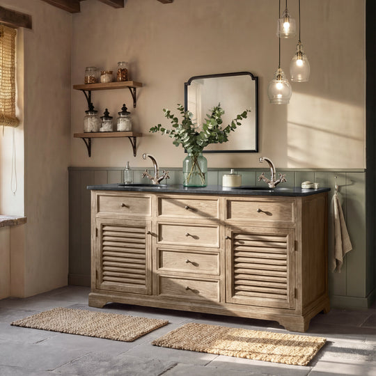 Meuble double vasque LOBERON Malmaison en chêne revalorisé et pierre naturelle — photo produit
