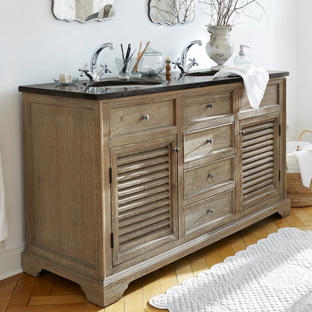 Meuble double vasque LOBERON Malmaison en chêne revalorisé et pierre naturelle — photo produit