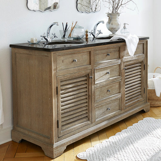 Meuble double vasque LOBERON Malmaison en chêne revalorisé et pierre naturelle — photo produit