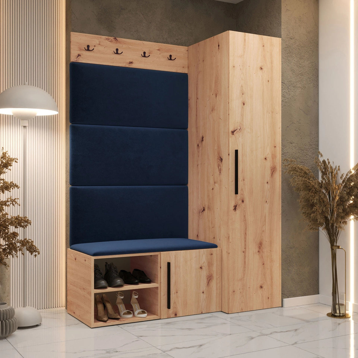 Meuble d'entrée MOBILIER 1 Nitos II en bois clair et velours bleu — photo produit