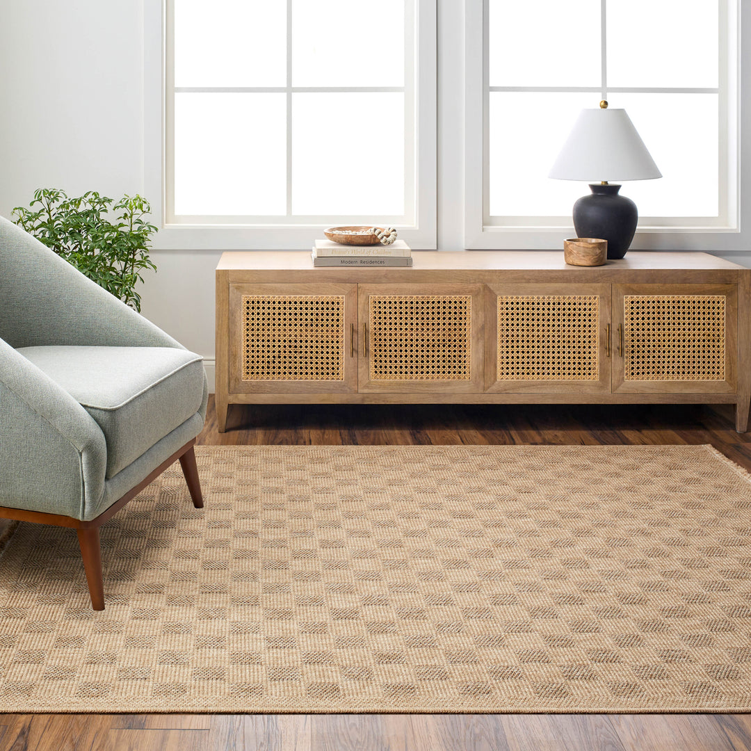 Tapis d'Extérieur/Intérieur à Carreaux Aspect Jute Beige Lexington