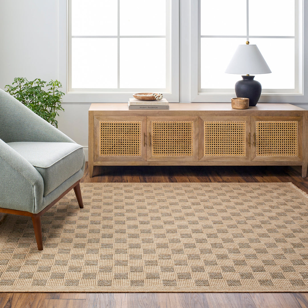 Tapis d'Extérieur/Intérieur à Carreaux Aspect Jute Beige/Noir Lexington