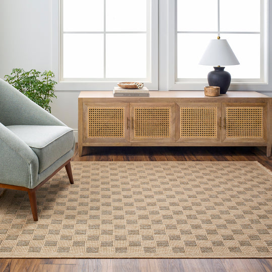 Tapis d'Extérieur/Intérieur à Carreaux Aspect Jute Beige/Noir Lexington