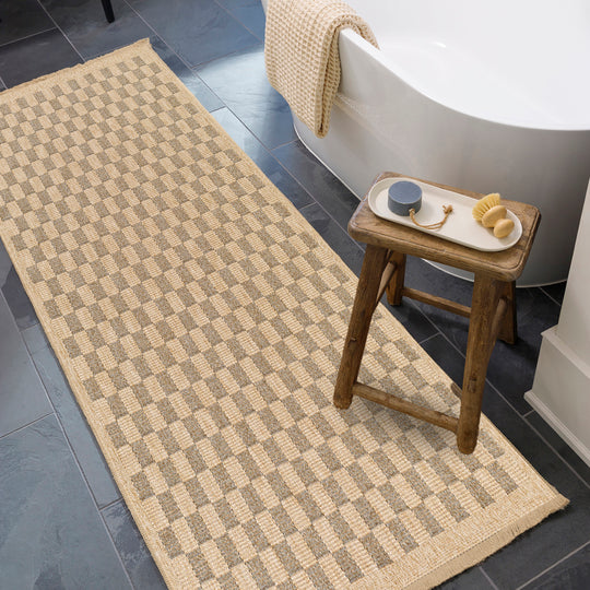 Tapis d'Extérieur/Intérieur à Carreaux Aspect Jute Beige/Noir Lexington