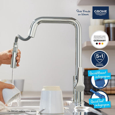 Mitigeur de cuisine monocommande GROHE 30631000 avec douchette extractible 2 jets –et bec mobile 360 en laiton chrome — photo produit