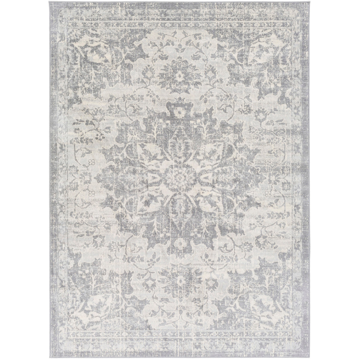 Tapis Surya Sage vintage oriental, motif médaillon délavé gris argenté et ivoire