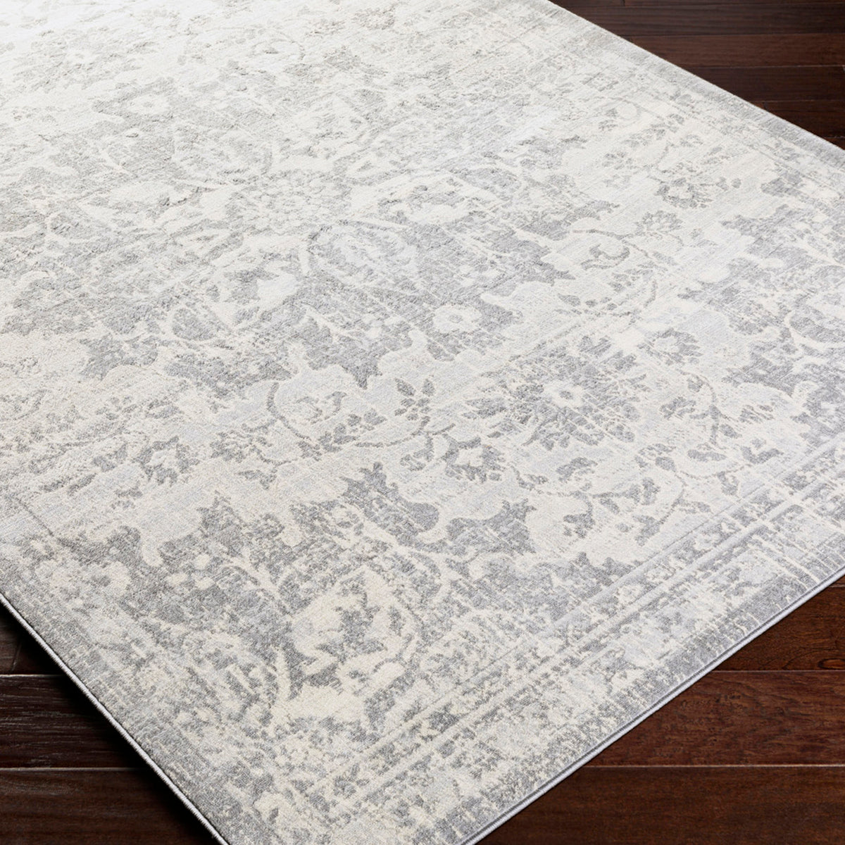 Tapis Surya Sage vintage oriental, motif médaillon délavé gris argenté et ivoire, vue 6
