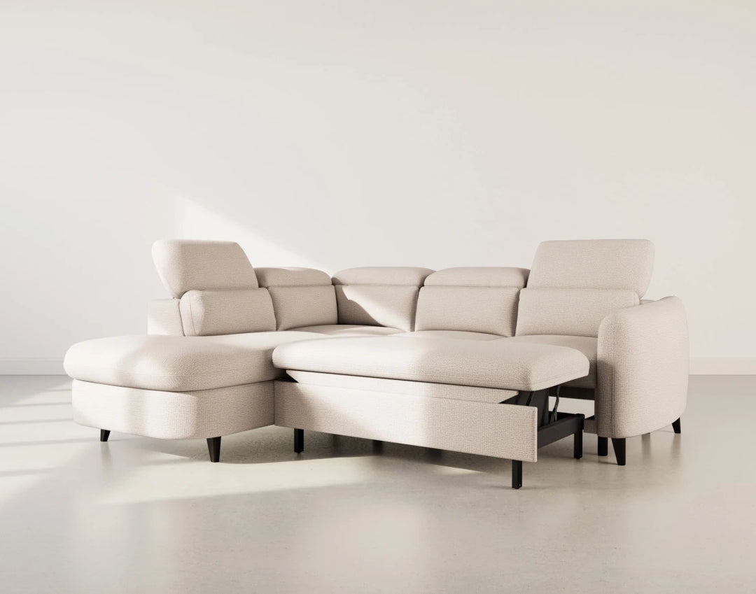 Canapé d'angle gauche convertible BEST MOBILIER Opaline avec têtières et coffre en tissu texturé beige