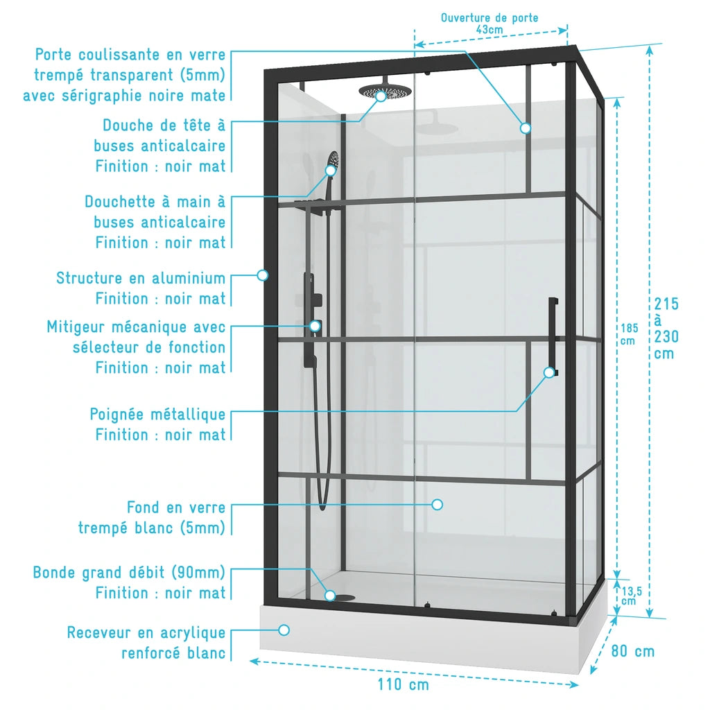 Cabine de douche AURLANE Graphique 110x80cm en verre transparent noir réversible