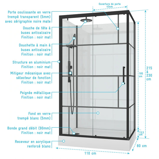 Cabine de douche AURLANE Graphique 110x80cm en verre transparent noir réversible