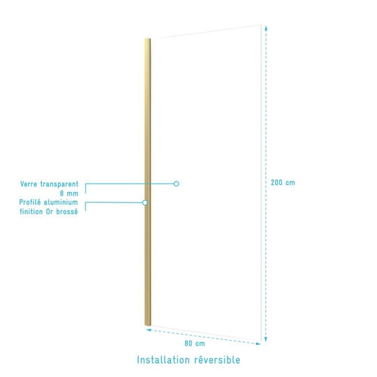 Paroi de douche à l'italienne AURLANE Freedom 2 Gold 80×200cm verre trempé 8 mm Finition Or Doré Brossé
