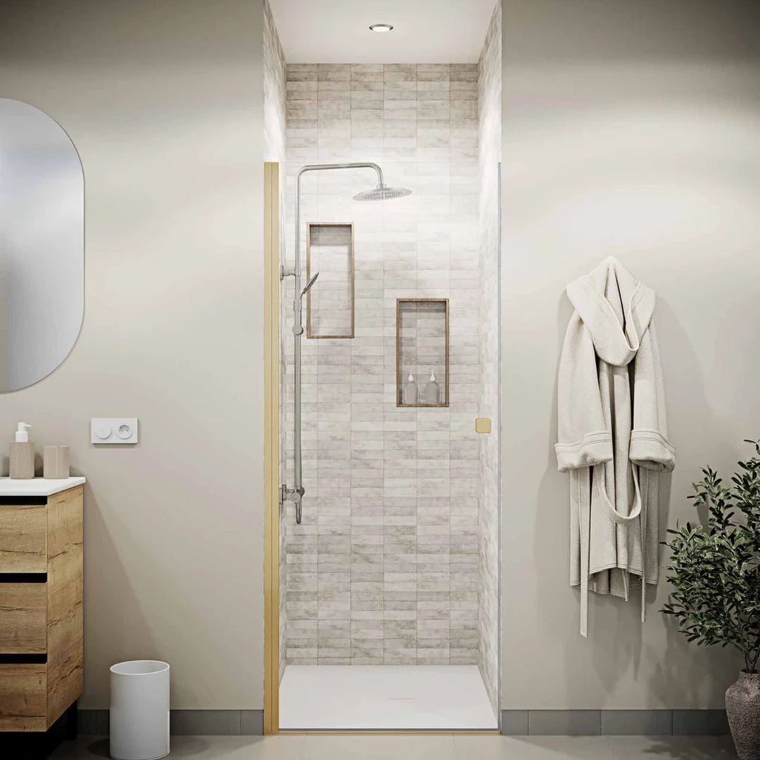 Porte de douche pivotante AURLANE Gold Elementary 80x195cm Verre Trempe 8mm Anticalcaire Alu Or Brosse