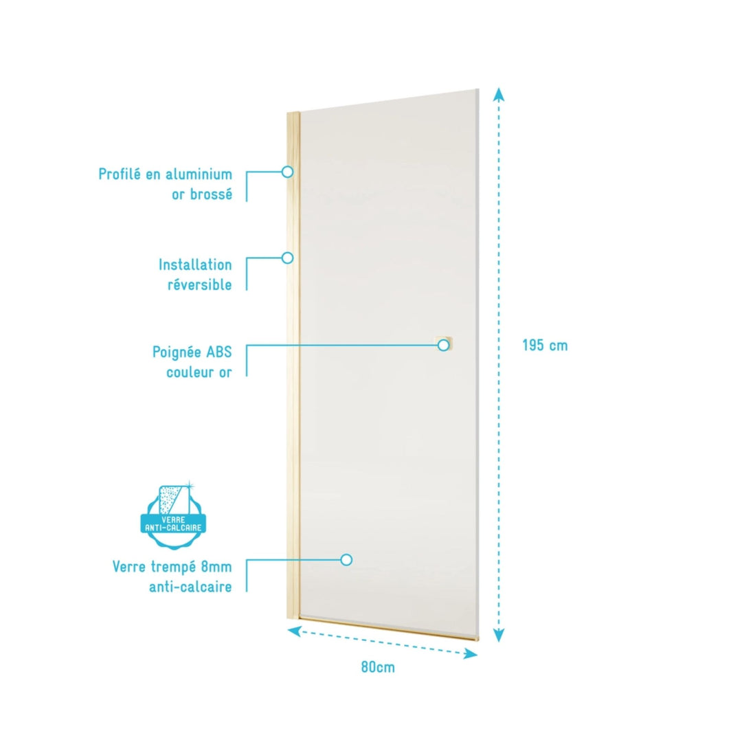 Porte de douche pivotante AURLANE Gold Elementary 80x195cm Verre Trempe 8mm Anticalcaire Alu Or Brosse