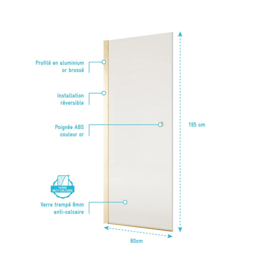 Porte de douche pivotante AURLANE Gold Elementary 80x195cm Verre Trempe 8mm Anticalcaire Alu Or Brosse