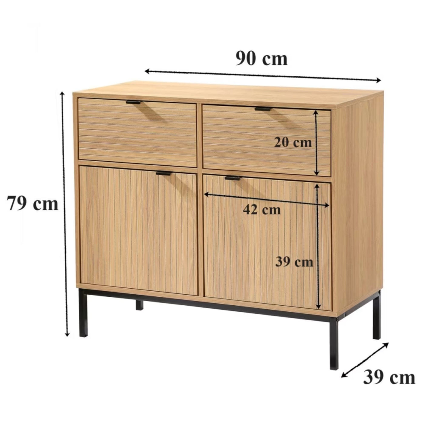 Petit buffet CALICOSY Tara 2 Portes 2 Tiroirs Façades Rainurées L90 x H79 cm