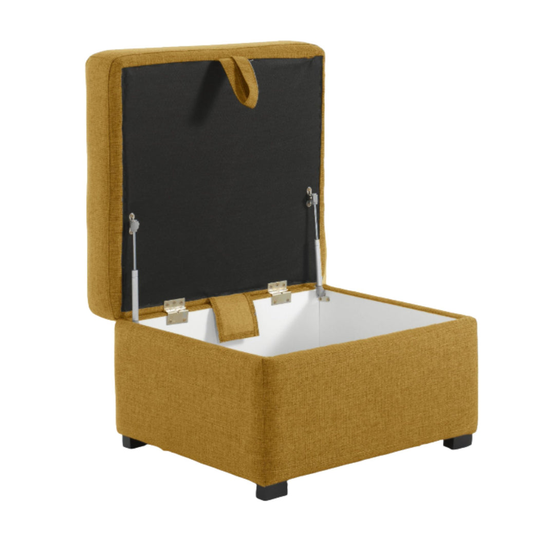 Pouf carré CONVERTIBLE CENTER avec coffre de rangement en tweed moutarde 66x66cm
