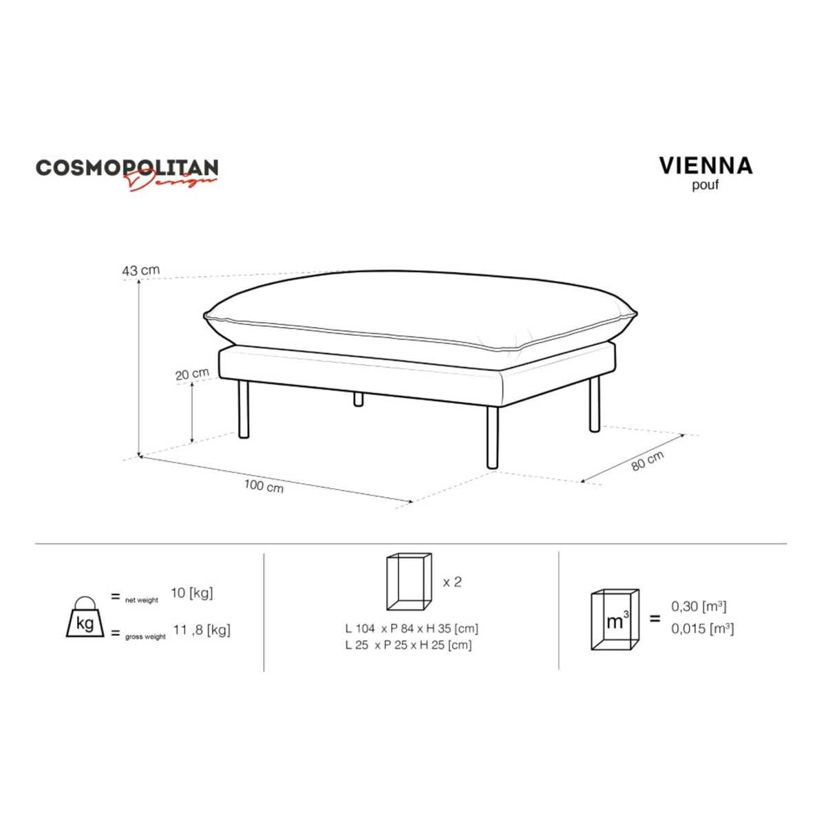 Pouf COSMOPOLITAN DESIGN Vienna en tissu structurel beige pieds doré