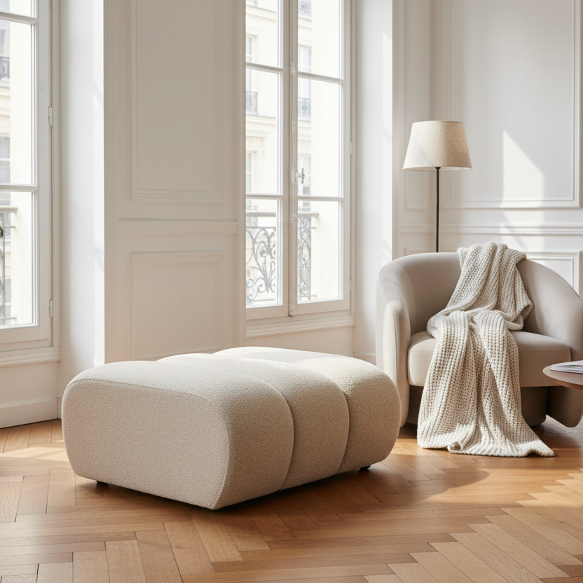 Pouf MICADONI Lupine en tissu bouclé beige