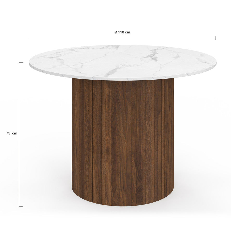 Table à manger ronde Alvar Ø110cm effet marbre et noyer