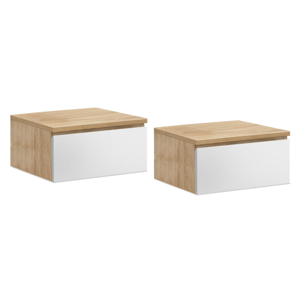 Lot de 2 tables de chevet suspendues 1 tiroir bois & blanc TOM