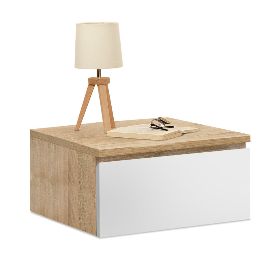 Lot de 2 tables de chevet suspendues 1 tiroir bois & blanc TOM