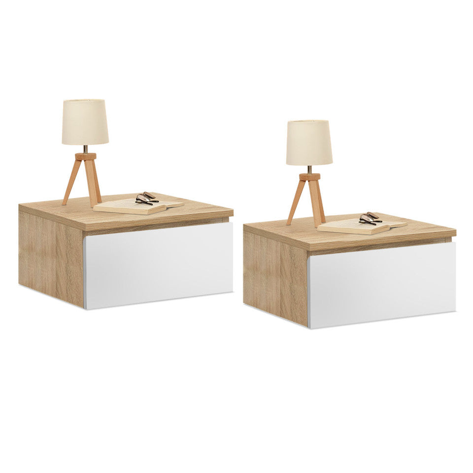 Lot de 2 tables de chevet suspendues 1 tiroir bois & blanc TOM
